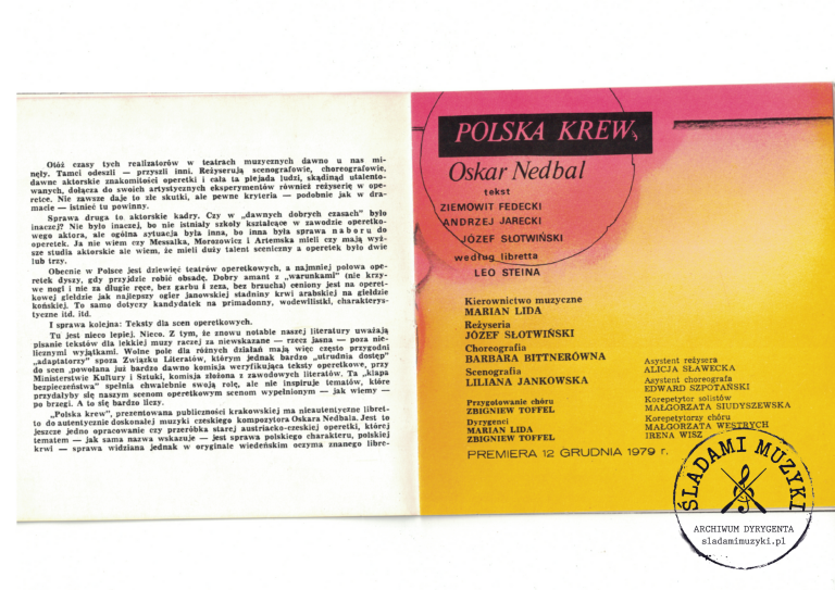 Program operetki „Polska krew” – Krakowski Teatr Muzyczny (1979) » Śladami Muzyki Skan 101