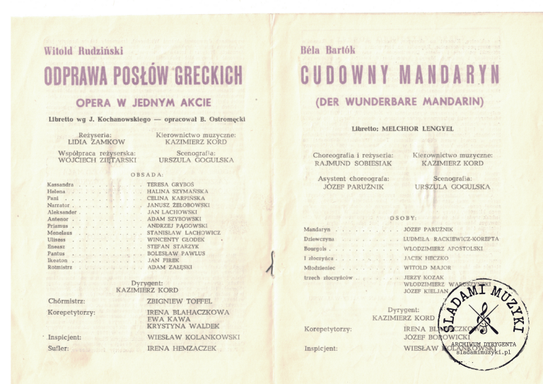 Program opery: „Odprawa posłów greckich” Witolda Rudzińskiego / „Cudowny Mandaryn” Béli Bartóka (Kraków, 1966) » Śladami Muzyki Skan 55