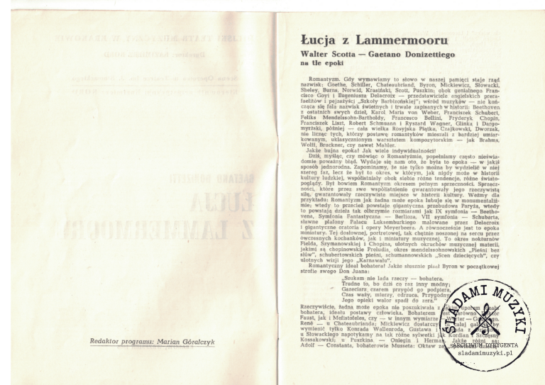 Program opery: „Łucja z Lammermooru” Gaetano Donizettiego (Kraków, 1966) » Śladami Muzyki Skan 60