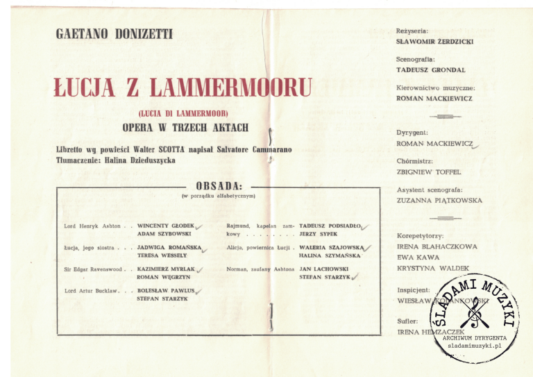 Program opery: „Łucja z Lammermooru” Gaetano Donizettiego (Kraków, 1966) » Śladami Muzyki Skan 62