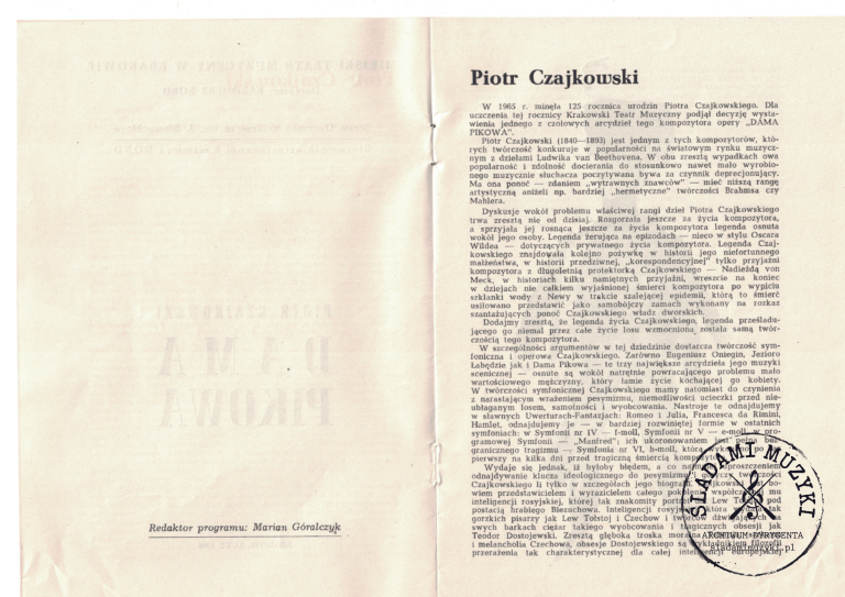 Program opery: „Dama Pikowa” Piotra Czajkowskiego (Kraków, 1966) » Śladami Muzyki Skan 68