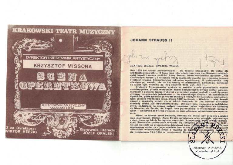Program widowiska "Król walca" i odręczne notatki dyrygenckie - Krakowski Teatr Muzyczny (1979) » Śladami Muzyki Skan 86