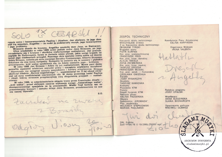 Program widowiska "Król walca" i odręczne notatki dyrygenckie - Krakowski Teatr Muzyczny (1979) » Śladami Muzyki Skan 96